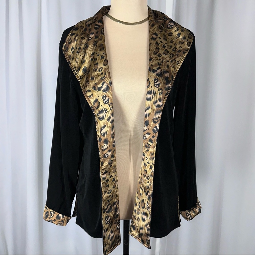 MISOOK(?) Open-Front Reversible Jacket L/XL(?) Black Leopard Knit Satin Mob Wife